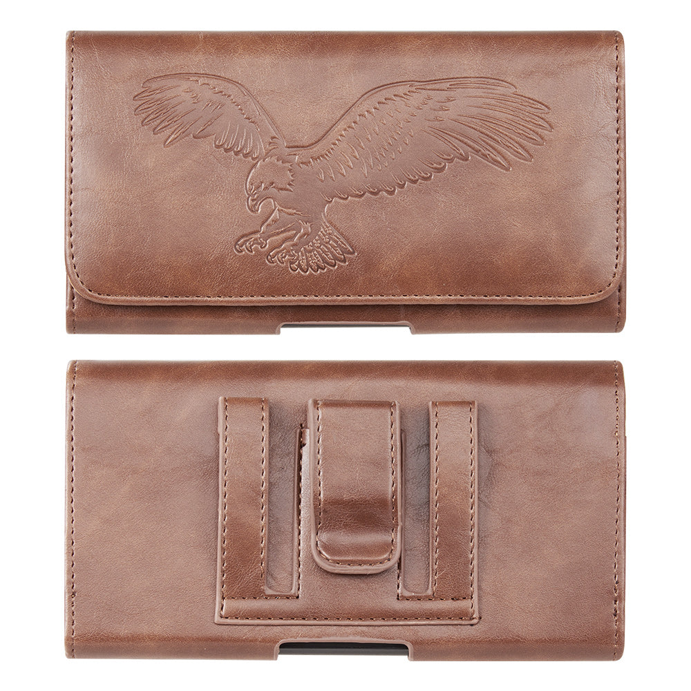 For Apple iPhone 16 Pro (6.3") Universal Horizontal Leather Phone Case with Embossed American Eagle Pouch Belt Clip Holster & Magnetic Pouch [Brown]