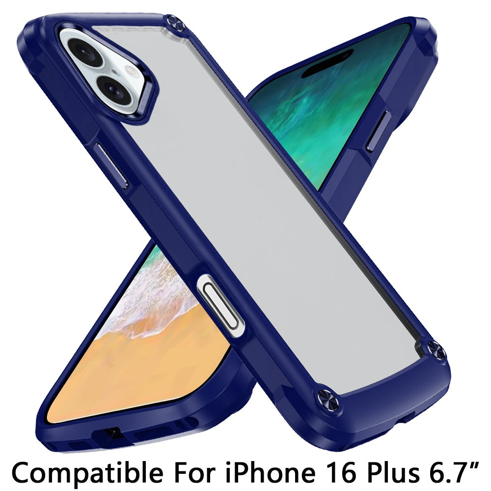 For Apple iPhone 16 Plus (6.7") Hybrid Transparent Rubber with Metal Buttons & Camera Edges Hard TPU Corner Bumper Case Cover