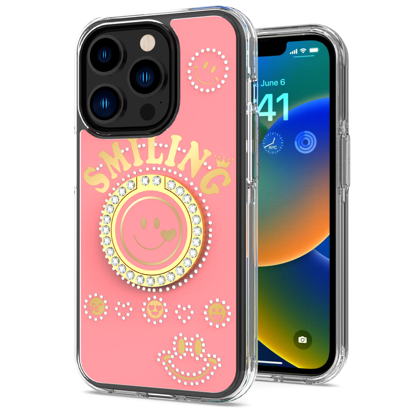 For Apple iPhone 17E /16E Smiling Glitter Bling Ornament Hybrid Shockproof Stylish Sparkle Design Secure Grip Durable Protection Case Cover Pink