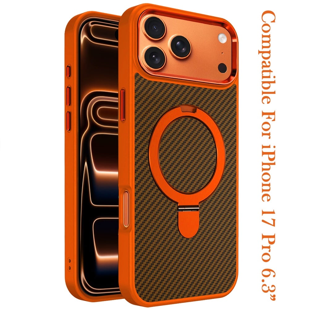 Phone Case for Apple iPhone 17 Pro Carbon Fiber Magnetic Ring Stand Hybrid Shockproof AntiSlip Grip Kickstand Military Drop Protection Matte Finish Cover Cosmic Orange