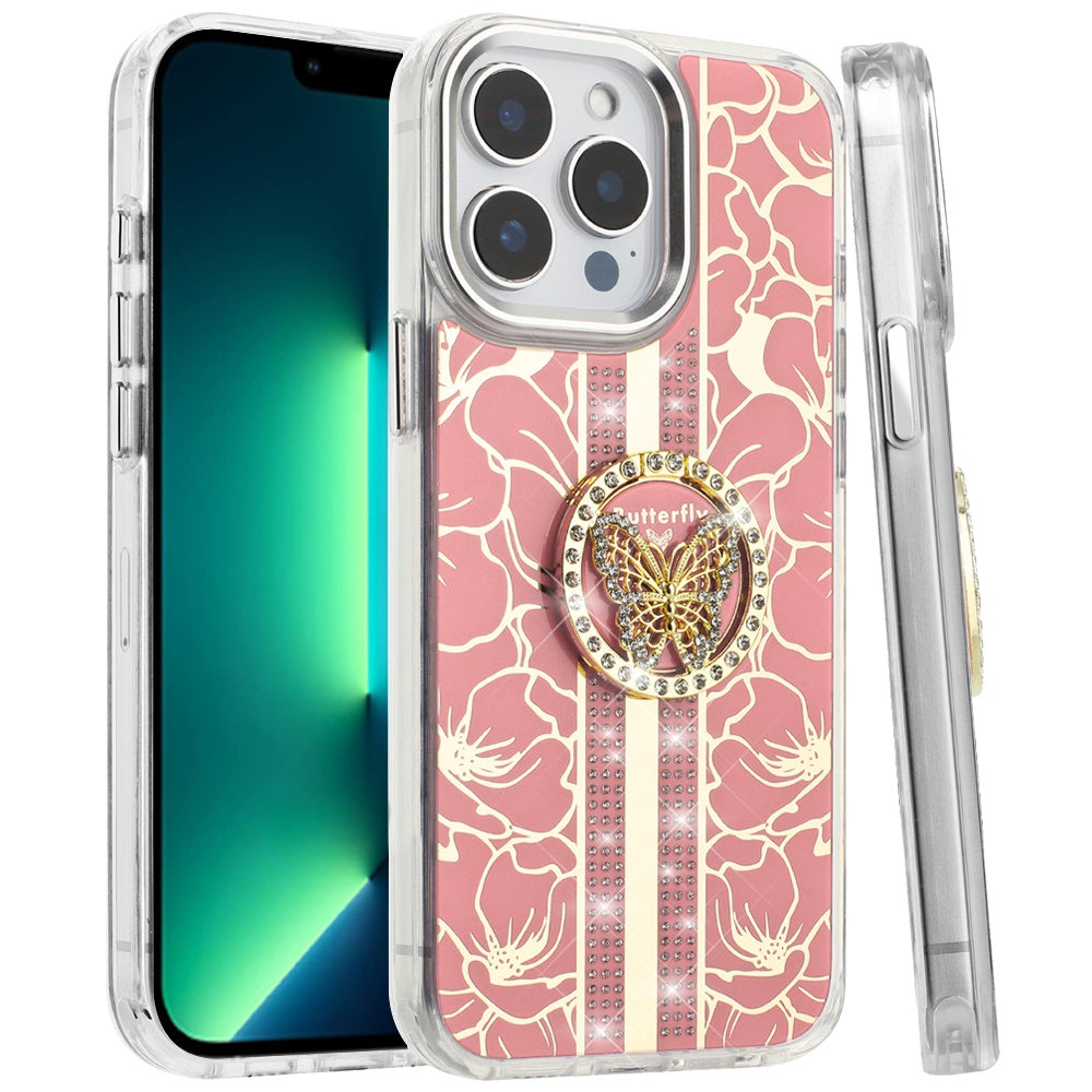 For Apple iPhone 15 Pro Max Diamonds 3D Butterfly Floral Design Bling Sparkly Glitter Hybrid Metal Fashion with Ring Stand Case Cover
