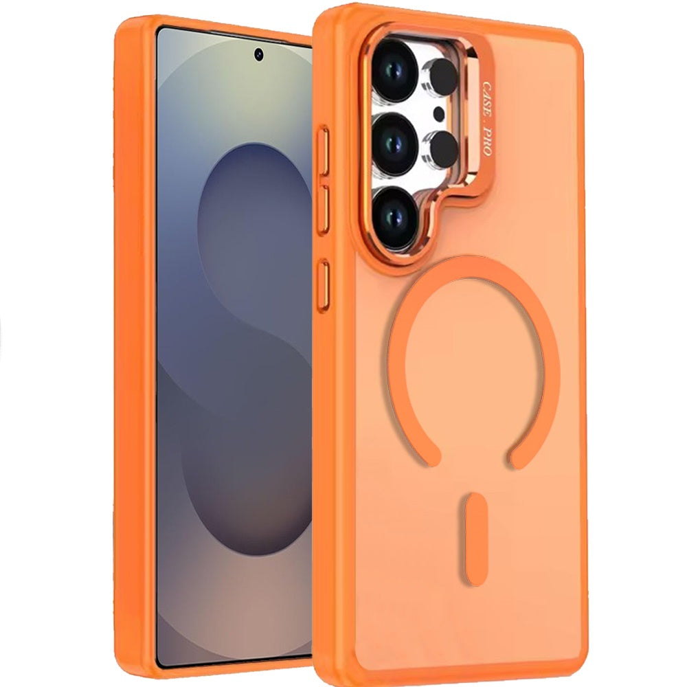 For Samsung Galaxy S25 Ultra MagSafe Compatible Matte Metallic Stand TPU Hybrid Drop Protection Camera Kickstand Case Cover Cosmic Orange