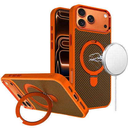 Phone Case for Apple iPhone 17 Pro Carbon Fiber Magnetic Ring Stand Hybrid Shockproof AntiSlip Grip Kickstand Military Drop Protection Matte Finish Cover Cosmic Orange