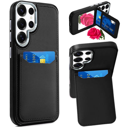 For Samsung Galaxy S26 Ultra PU Leather Wallet Cover with Credit Card Holder, Kickstand & Mirror Inside Slim Fit TPU & PC Hybrid Design Case Cover
