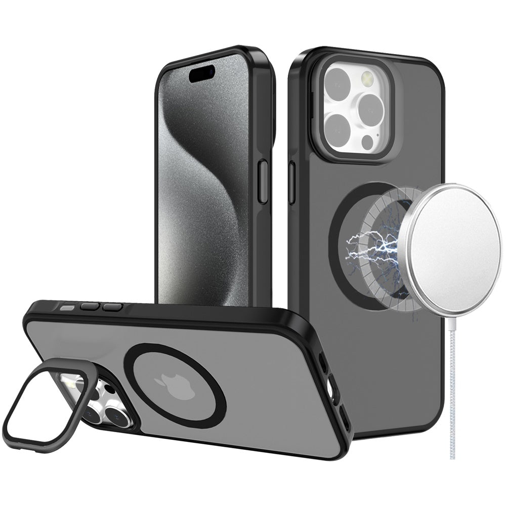 For Apple iPhone 12 Pro Max Tough HQ Hybrid Case with Aluminum Frame Camera Stand, Compatible with MagSafe, Translucent Matte Shockproof Case Cover