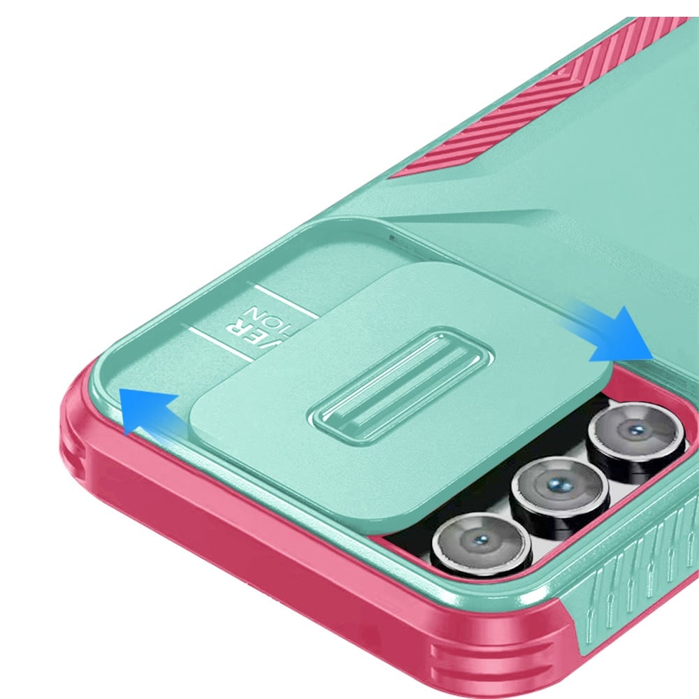 For Samsung Galaxy A17 5G Slim Fit Shockproof Hybrid with Slide Camera Window Covering, Rugged Tpu Silicone Hard PC Bumper Case Cover Teal+Hot Pink