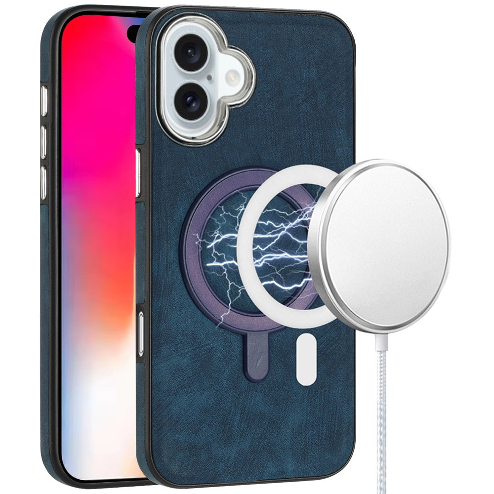For Apple iPhone 16 (6.1") PU Vegan Leather Chrome Edged Hybrid Hard PC TPU Rubber Compatible with MagSafe Case Cover