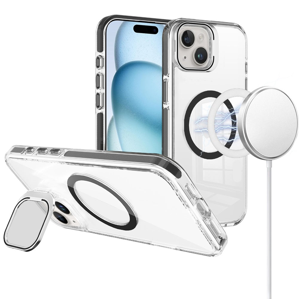 For Samsung Galaxy S26 Ultra Built-in Camera Kick-Stand, Compatible with MagSafe, Transparent Colorful Edged Tough Hybrid TPU Case Cover Clear Black