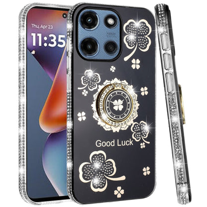 For Motorola Moto G Stylus 5G 2025 Diamonds Bling All Around Edges Sparkly Glitter Hybrid with Ring Stand Holder Fashion Good Luck Case Cover