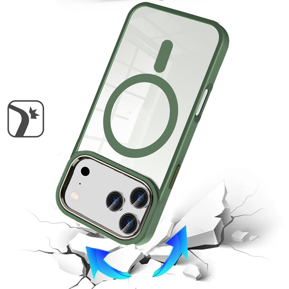 Phone Case for Apple iPhone 17 Pro Clear Acrylic Magnetic Circle Shockproof Hybrid Metal Button TPU Drop Protection Rugged Slim Durable Armor Cover Midnight Green