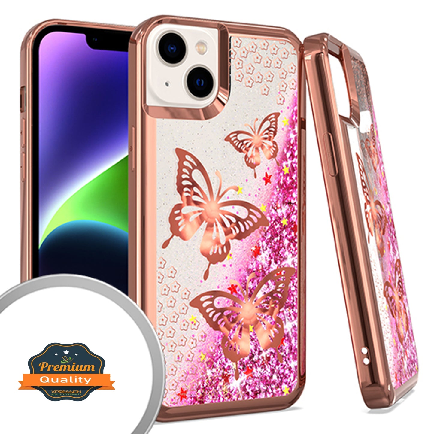 For Apple iPhone 15 Pro (6.1") Quicksand Liquid Glitter Bling Flowing Sparkle Fashion Hybrid TPU Chrome Plating Hard Butterfly Phone Case Cover