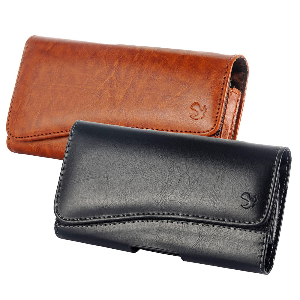 For Apple iPhone 16 (6.1") Universal Horizontal Leather Case Belt Clip Holster with Clip Loops Cell Phone Carrying Pouch [Magnetic Closure] [Black]