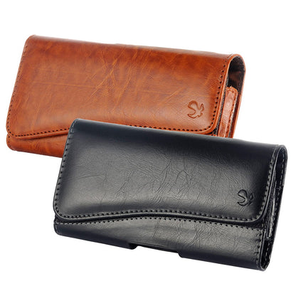 For Apple iPhone 16 (6.1") Universal Horizontal Leather Case Belt Clip Holster with Clip Loops Cell Phone Carrying Pouch [Magnetic Closure] [Black]