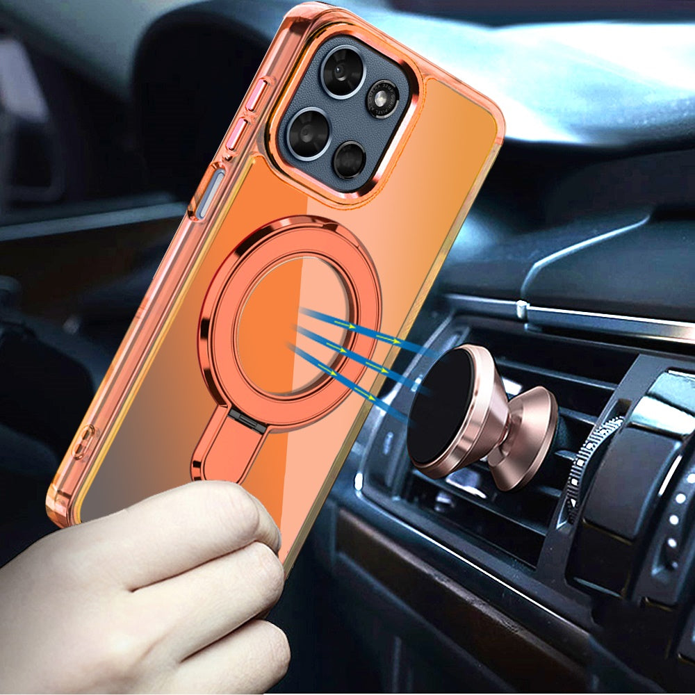 For Motorola Moto G Play 5G 2026 Chrome Hybrid with Rotating Magnetic Circle Ring Stand, Slim Shockproof Hybrid Case Cover Cosmic Orange