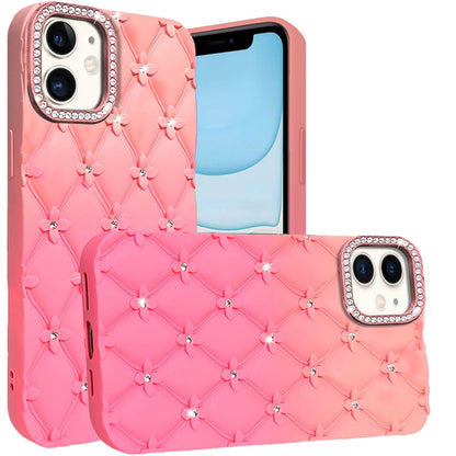 For Apple iPhone 11 Fashion Flower Design Sparkle Glitter Shimmer Rhinestone Bling Floral Accents, Leather Texture TPU Case Cover Orange /Pink