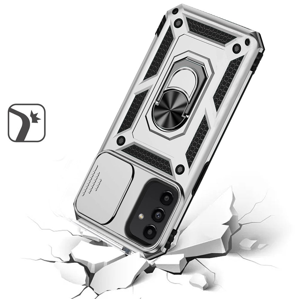 For Motorola Moto G 5G 2025 Hybrid Ring Shockproof with 360° Rotate Ring Kickstand, Camera Lens Protection, Soft Edge Bumper Case Cover Silver