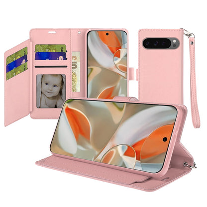 For Google Pixel 10 Pro XL Wallet Case with ID/ Card Holder, Wristlet Strap, Magnetic TPU Protective Shockproof Folio Flip Case Cover Rose Gold