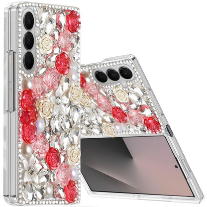 For Samsung Galaxy Z Fold 7 Fashion Rose Flower Floral Bling Crystal 3D Full Diamonds Pearl Sparkle Rhinestone Glitter Hybrid Case Cover