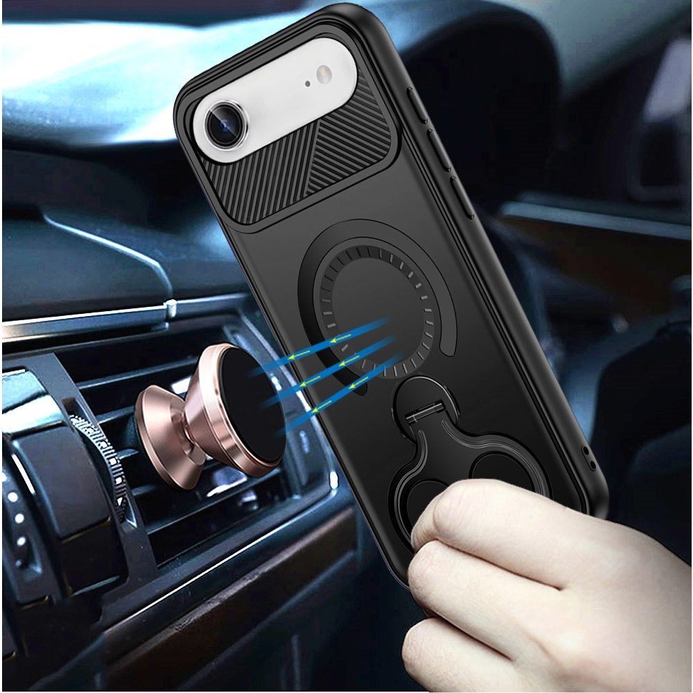 For Apple iPhone 17 Air (6.6") Hybrid with Invisible 2 Hole Ring Stand Magnetic back Car Mount Friendly Protector Case Cover Black
