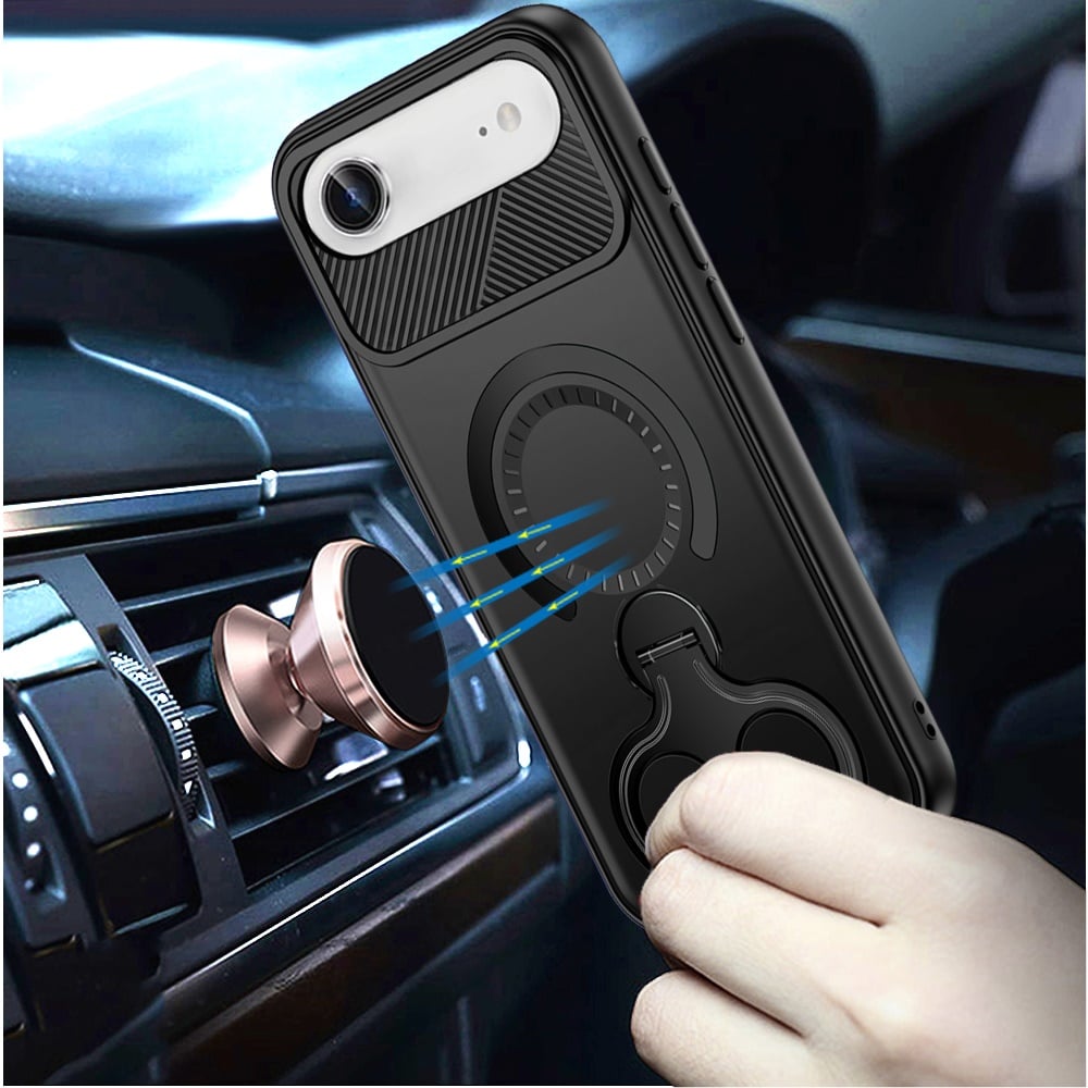 For Apple iPhone 17 (6.3") Hybrid with Invisible 2 Hole Ring Stand Magnetic back Car Mount Friendly Protector Case Cover Black
