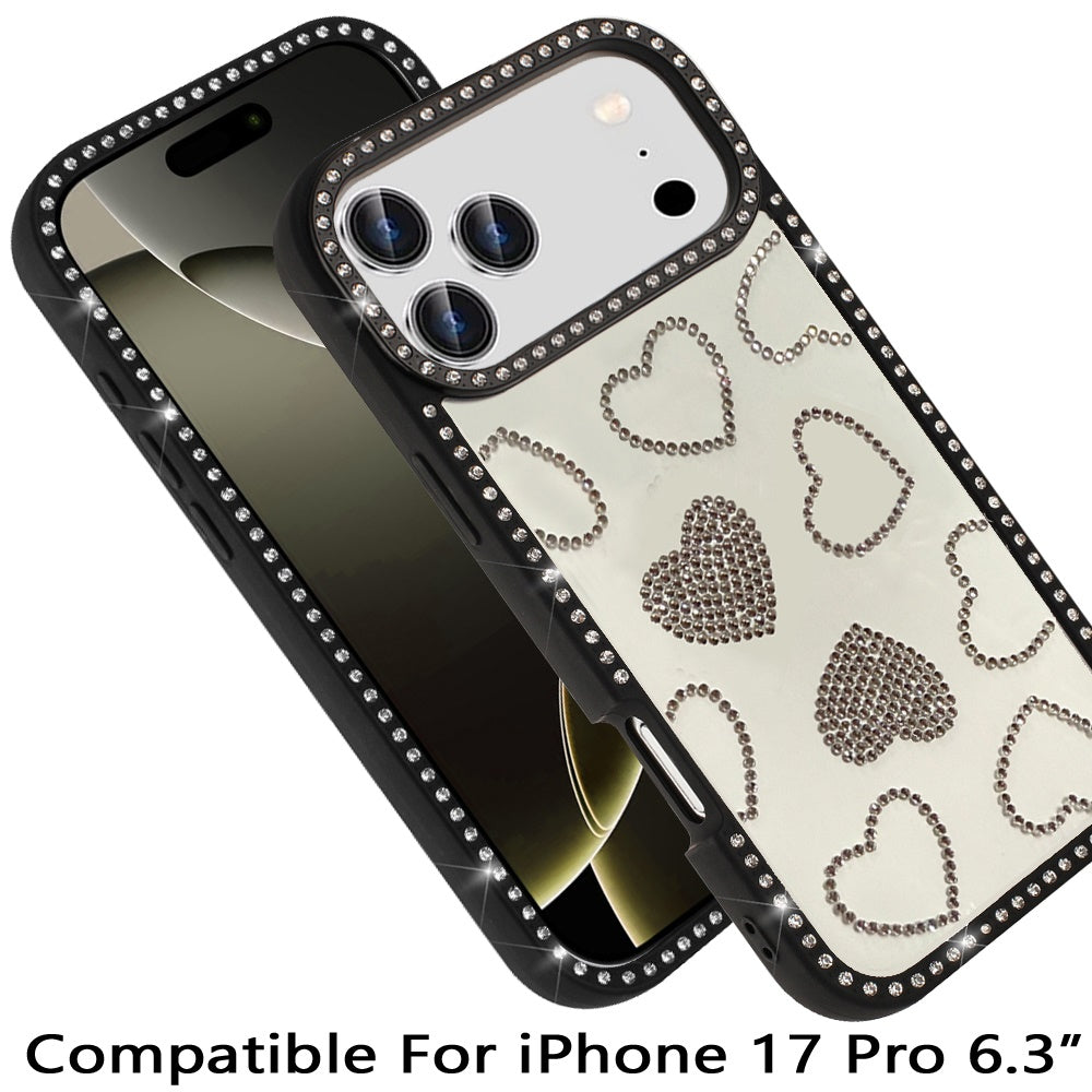 For Apple iPhone 17 Pro (6.3") Spread Love Glitter Shimmer Bling Diamond Edge Hybrid Drop Protection Shockproof Design Case Cover