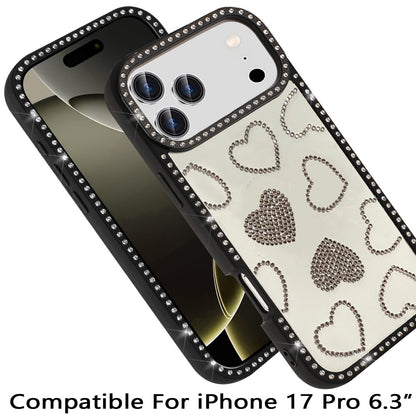 For Apple iPhone 17 Pro (6.3") Spread Love Glitter Shimmer Bling Diamond Edge Hybrid Drop Protection Shockproof Design Case Cover