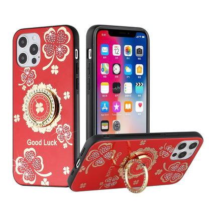 For Apple iPhone 12 Pro Max Diamonds 3D Bling Sparkly Glitter Ornaments Engraving Hybrid Metal Fashion Case Cover Red Good Luck Floral