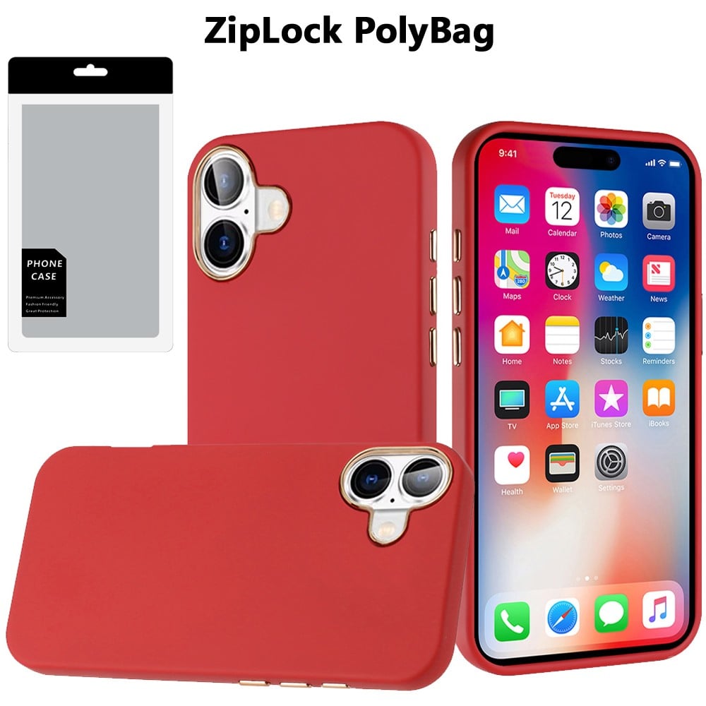 For Apple iPhone 16 Pro Slim Classic Hybrid Around Rubber Gummy Gel Slick Hard PC Silicone TPU Chromed Button Case Cover Red