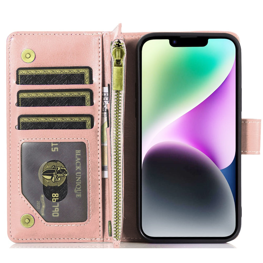 For Apple iPhone 17E /16E Leather Wallet Case with Zipper, 9 Card Slots, Cash Pocket, Stand & Strap, Clutch Pouch Design Case Cover Rose Gold