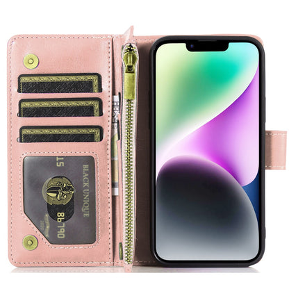 For Apple iPhone 17E /16E Leather Wallet Case with Zipper, 9 Card Slots, Cash Pocket, Stand & Strap, Clutch Pouch Design Case Cover Rose Gold