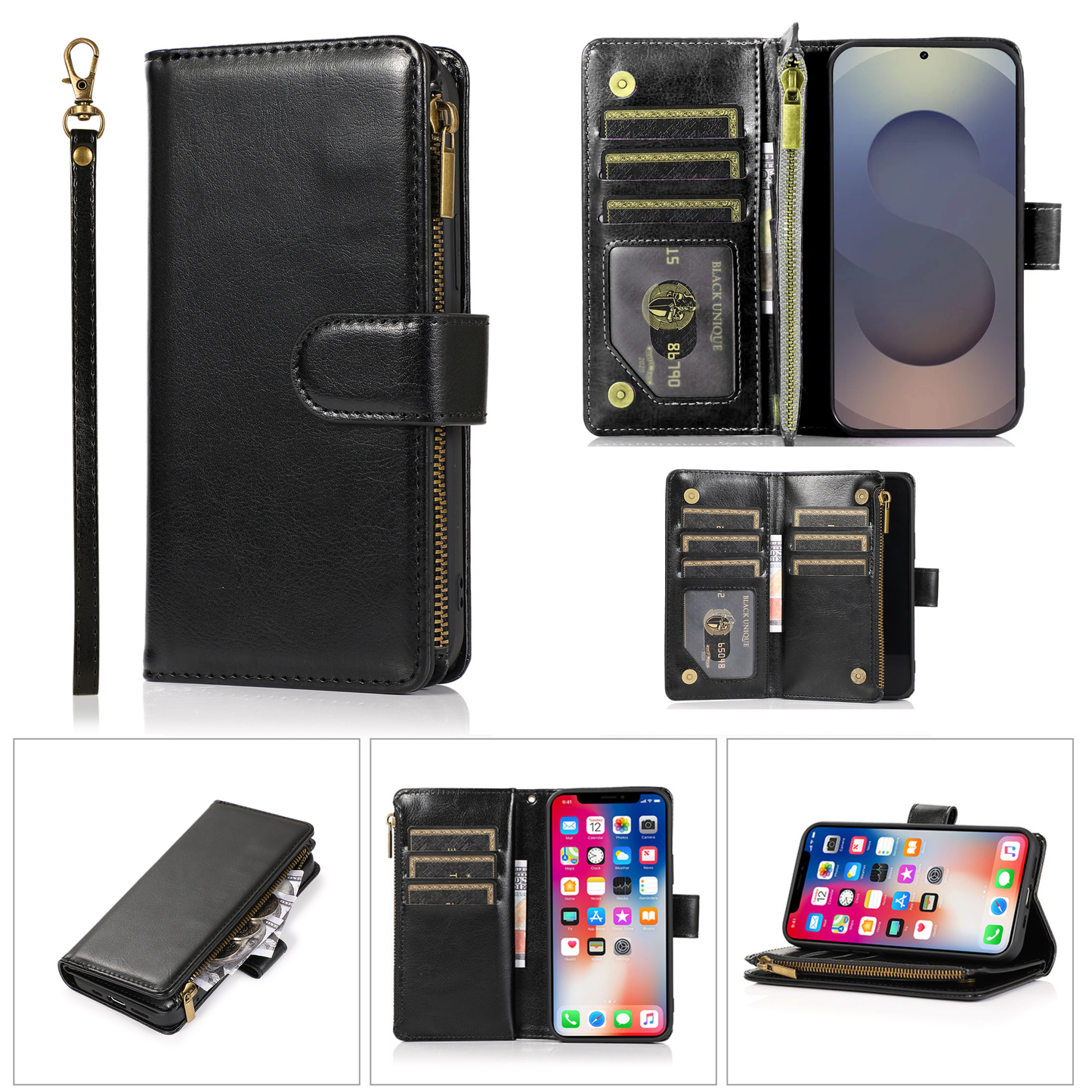 Phone Case for Google Pixel 10A Luxury Leather Wallet Card Holder Zipper Pocket Money Storage Protective Grip Design with Strap Cover Black