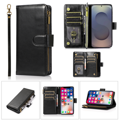 Phone Case for Google Pixel 10A Luxury Leather Wallet Card Holder Zipper Pocket Money Storage Protective Grip Design with Strap Cover Black