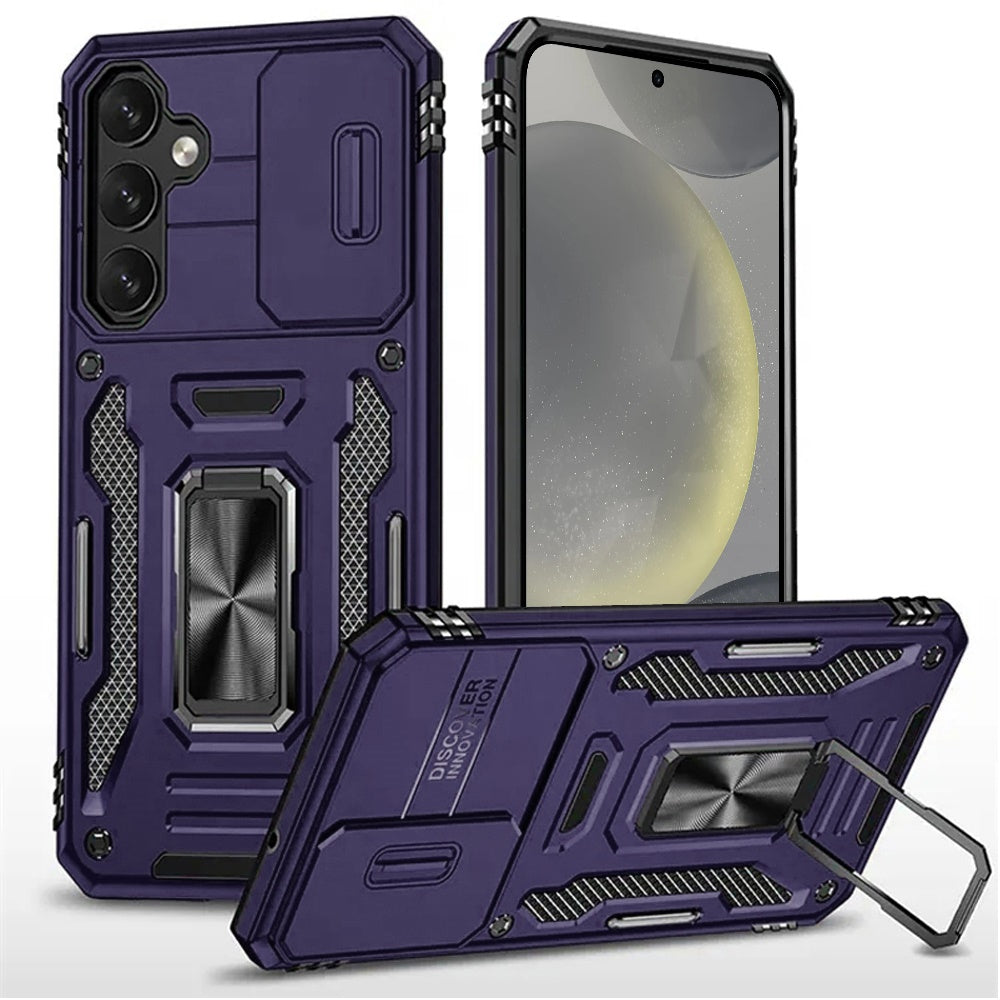 For Samsung Galaxy S25 /S24 Tough Hybrid Case with Movable Camera Window & Metal Ring Stand Shockproof Case Cover