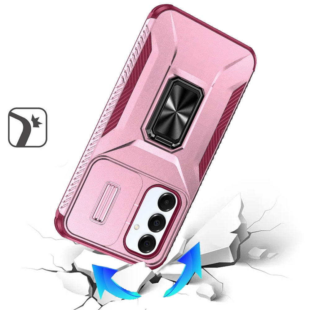 For Samsung Galaxy A16 5G Case, Camera Cover with Magnetic Rotation Ring Stand, Military Grade Hybrid Hard TPU Shockproof Case Cover Pink+Burgundy
