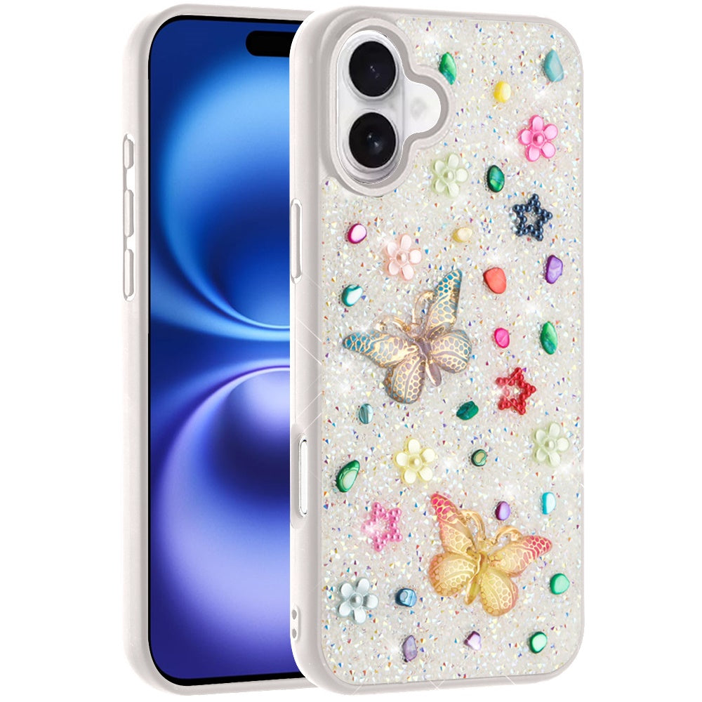 For Apple iPhone 17 (6.3") Diamond Butterfly 3D Glitter Bling Design, Slim Hybrid Sparkle Protective Cover TPU for Women Girls Case Cover