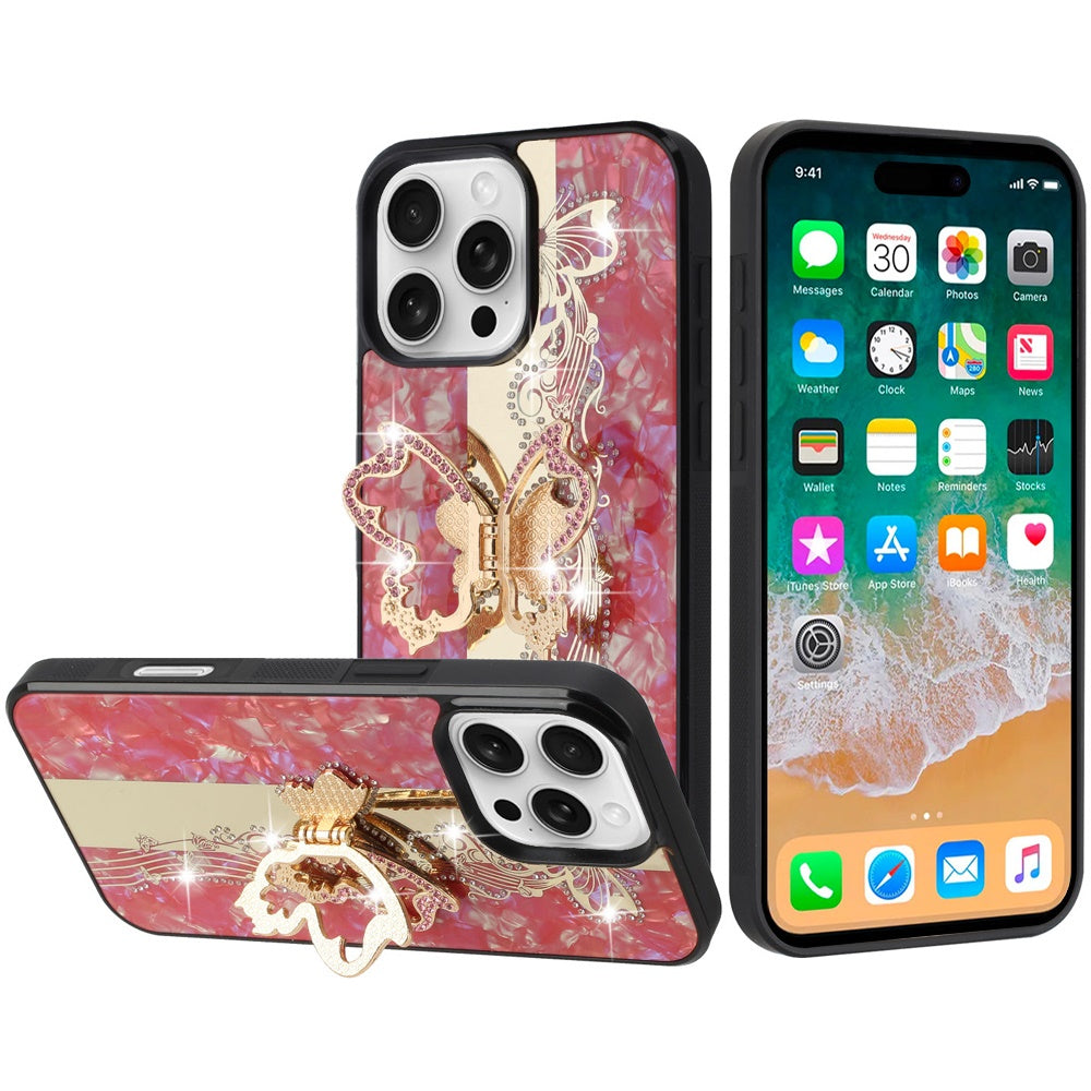 For Apple iPhone 16 Pro (6.3") Diamond Bling Sparkly 3D Back Ornaments Engraving Hybrid with Stand Fashion Case Cover Enchanted Butterfly Red