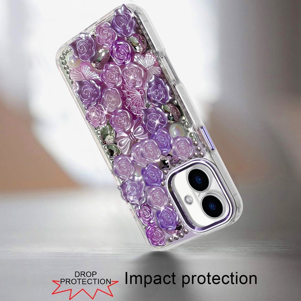 For Apple iPhone 17 (6.3") Muti-Color Floral Fashion Bling Crystal 3D Full Diamonds Stones Sparkle Rhinestone Glitter Hybrid Case Cover