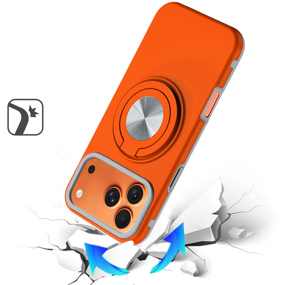 For Apple iPhone 17 Metal Matte Hybrid with Invisible Rotational Ring Stand, Car Mount Friendly, Military Grade Slim Fit Sturdy Case Cover Cosmic Orange
