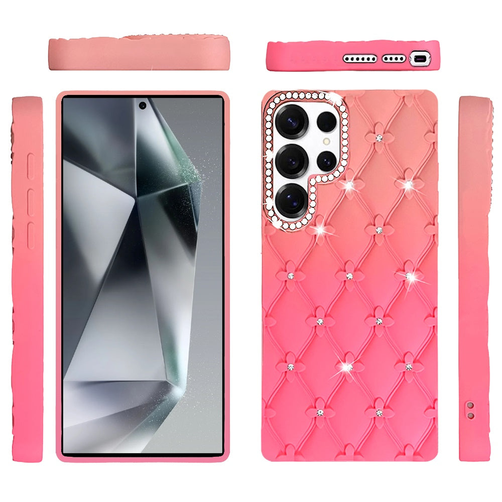 For Samsung Galaxy S24 Ultra Fashion Flower Design Sparkle Glitter Shimmer Rhinestone Bling Floral Accents, Leather Texture TPU Case Cover