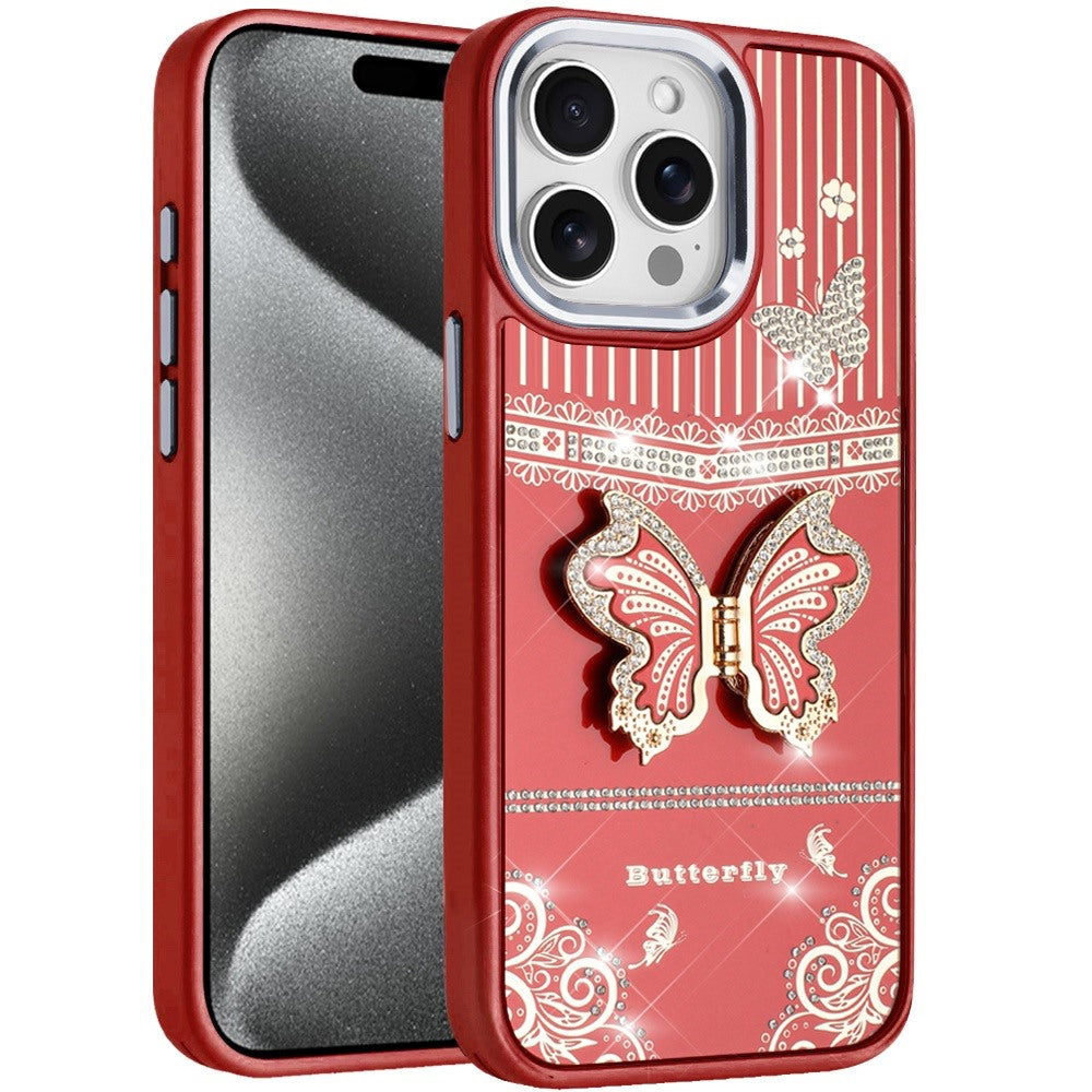Phone Case for iPhone 15 Pro Max (6.7") Glitter Bling Butterfly Stand Metallic Edge Hybrid Shockproof Grip Durable Camera Protection Stylish Design Cover