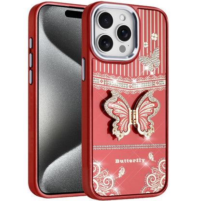 Phone Case for iPhone 15 Pro Max (6.7") Glitter Bling Butterfly Stand Metallic Edge Hybrid Shockproof Grip Durable Camera Protection Stylish Design Cover
