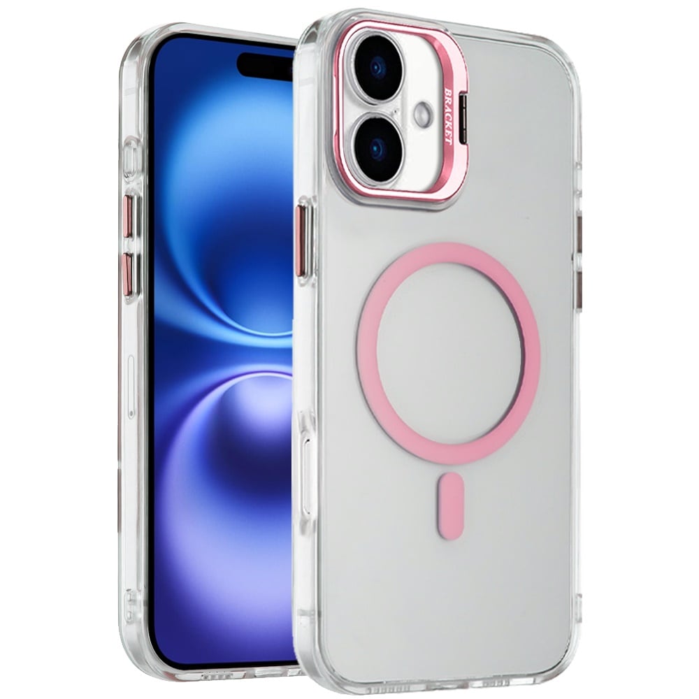 For Apple iPhone 17 (6.3") Magnetic Back MagSafe Compatible Transparent Hybrid Drop Protection with Metallic Camera Stand Case Cover