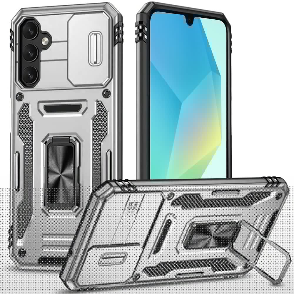 For Samsung Galaxy A16 5G Tough Hybrid Case with Movable Camera Window & Metal Ring Stand Shockproof Case Cover Cosmic Orange