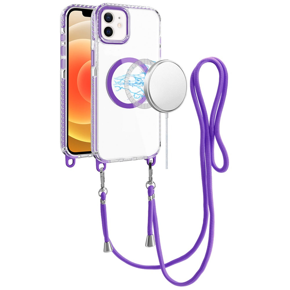 For Apple iPhone 11 Pro Max Clear Magnetic Frame PC Back Shockproof Protective Case with Detachable Lanyard Strap, Compatible with MagSafe Case Cover