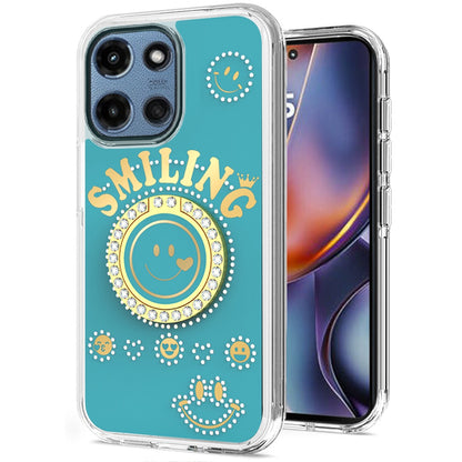 For Motorola Moto G 5G 2025 Smiling Glitter Ornament Bling Sparkle with Ring Stand Hybrid Slim TPU + Hard Back Shell Case Cover