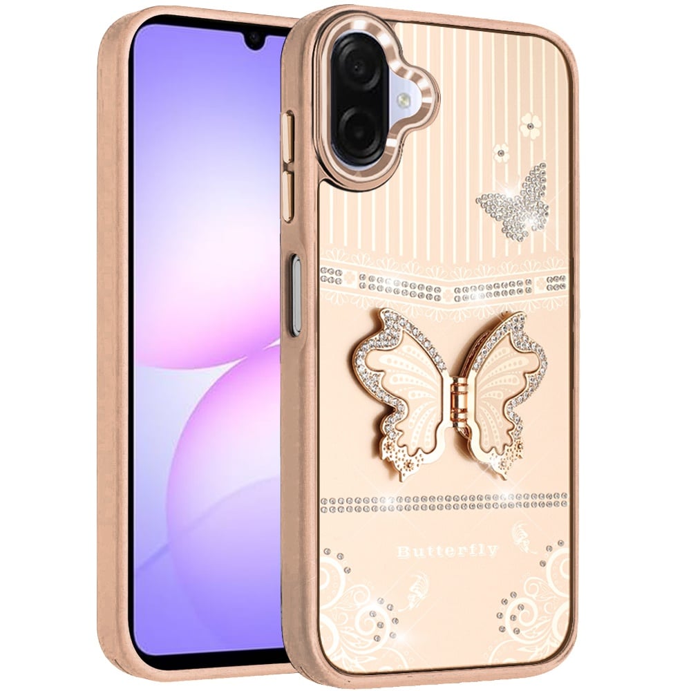 For Samsung Galaxy A07 Glitter 3D Butterfly Design Bling Metallic Edge Hybrid Stand Drop Protection TPU Shockproof Case Cover