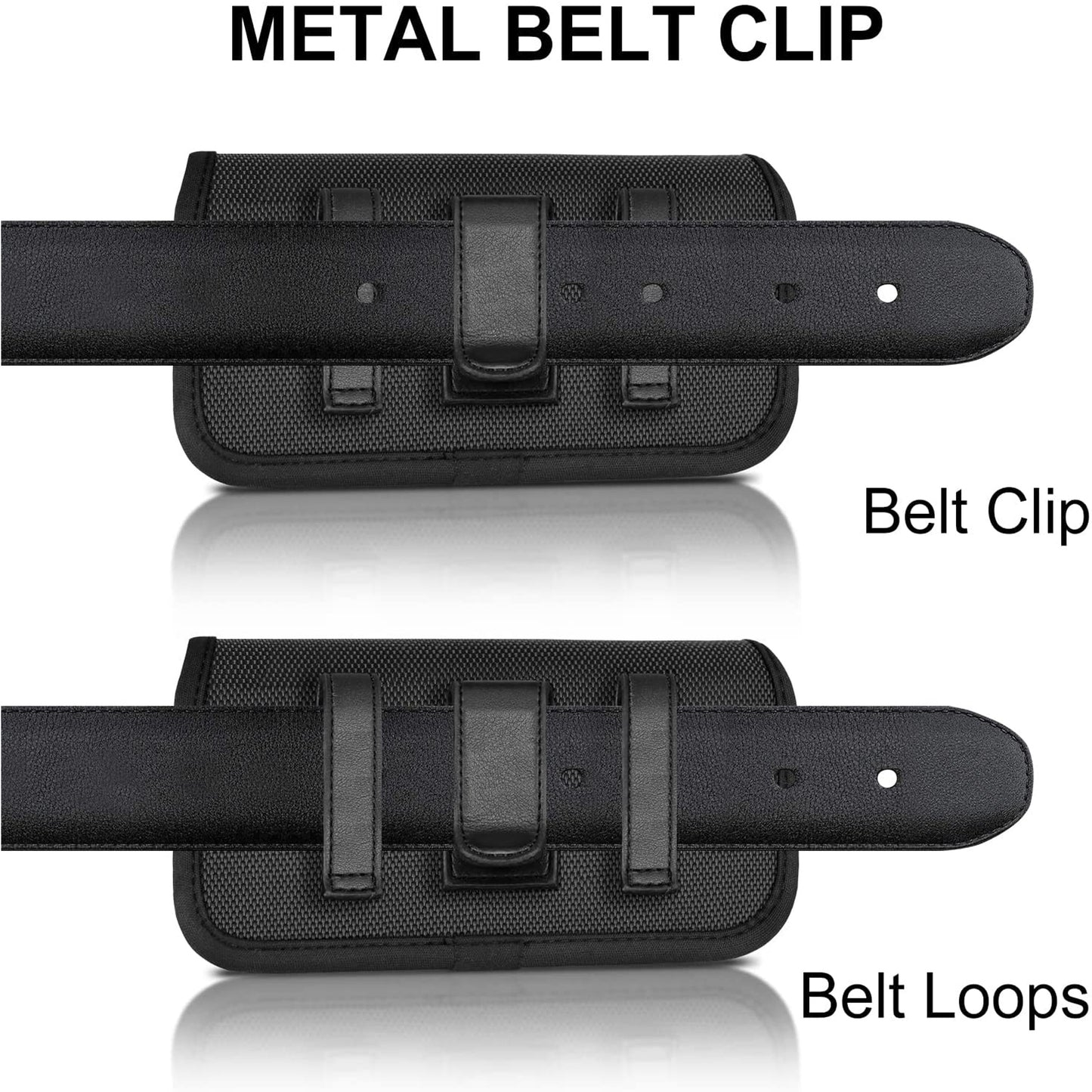 For Apple iPhone 16 (6.1") Universal Leather Belt Holster Horizontal Pouch Phone Holder with Belt Loop / Clip Waistband (Large) Cover [Black]