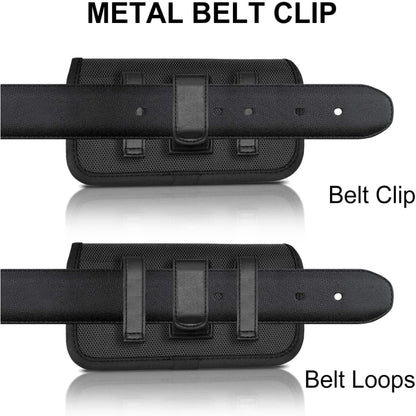 For Apple iPhone 16 Pro (6.3") Universal Leather Belt Holster Horizontal Pouch Phone Holder with Belt Loop / Clip Waistband (Large) Cover [Black]