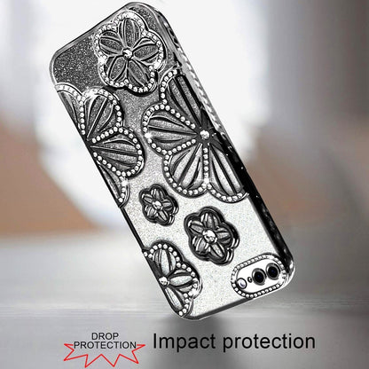 For iPhone 8 Plus / iPhone 7 Plus Luxury Flower Design Sparkle Glitter Diamond Rhinestone Shimmer Bling Plating Thick TPU Hard PC Case Cover Silver