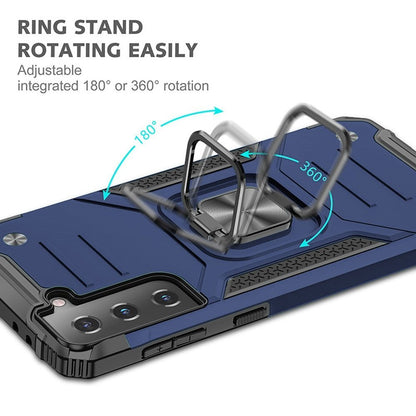 For Samsung Galaxy S21 FE /Fan Edition Armor Hybrid Magnetic Stand with Ring Holder Kickstand Shockproof Heavy-Duty Durable Rugged TPU Dual Layer Case Cover Blue